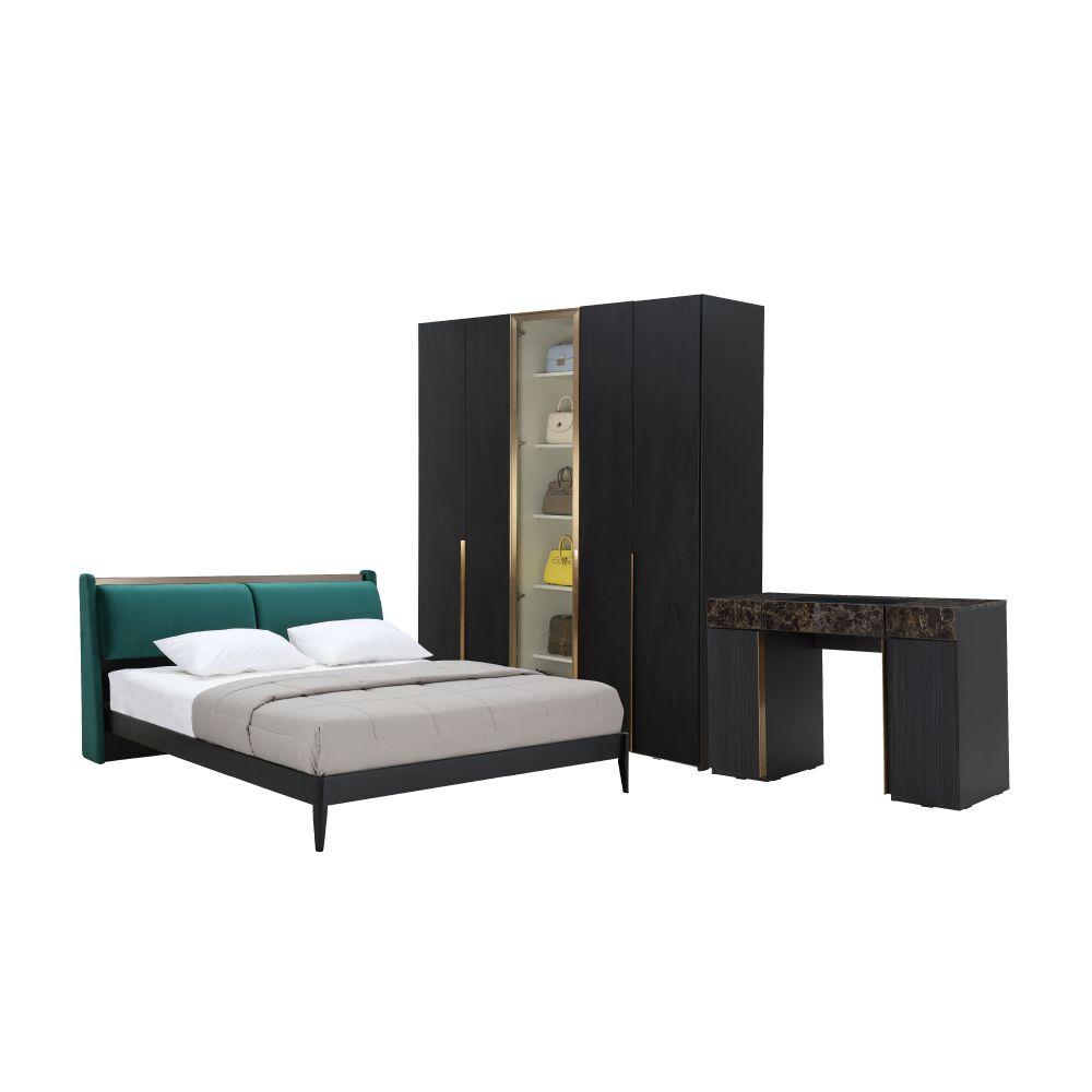 ชุดห้องนอน รุ่นอริสโต ขนาด 6 ฟุต (เตียง, ตู้เสื้อผ้า 5 บาน, โต๊ะเครื่องแป้ง) - สีดำ/หินอ่อน