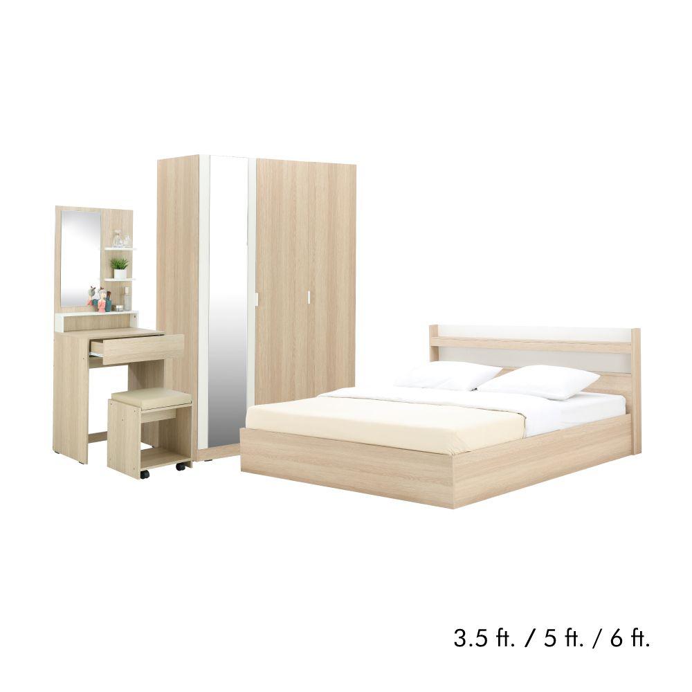 furinbox ชุดห้องนอน รุ่นแชมป์ (เตียง, ตู้เสื้อผ้า, โต๊ะเครื่องแป้งพร้อมสตูล) - สีไลท์วู้ด/ขาว